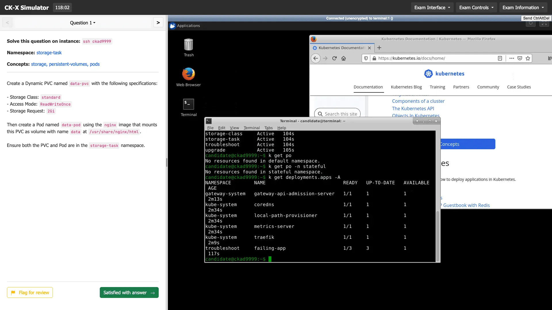 Screenshot of Sailor.sh CKS Simulator interface with Kubernetes security exam questions and terminal window, showing realistic exam environment for Certified Kubernetes Security Specialist preparation